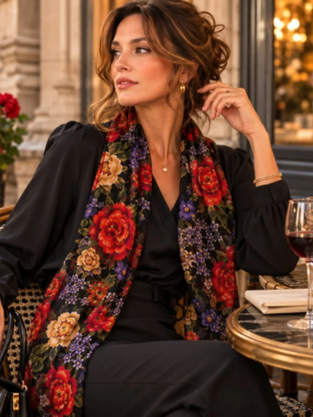 Romantic Black Floral Scarf Wrap Red Purple Roses Cottagecore Boho